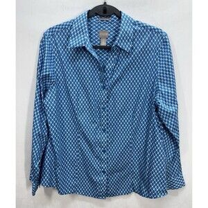 Chicos Wrinkle Resistant Top Size 2/Large Blue Long Sleeve Button Front Cotton